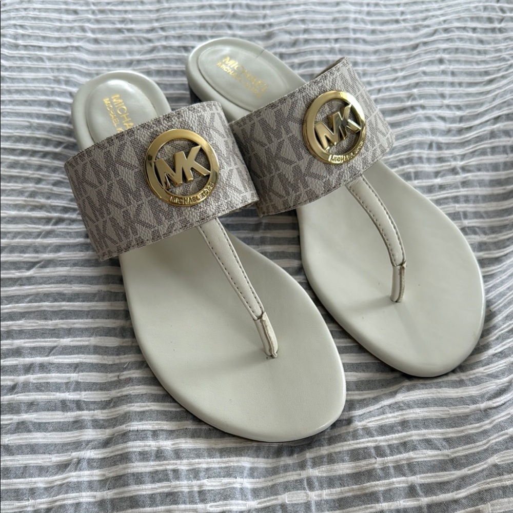 Michael Kors Gold and Cream Sandals with Elegant MK Medallion